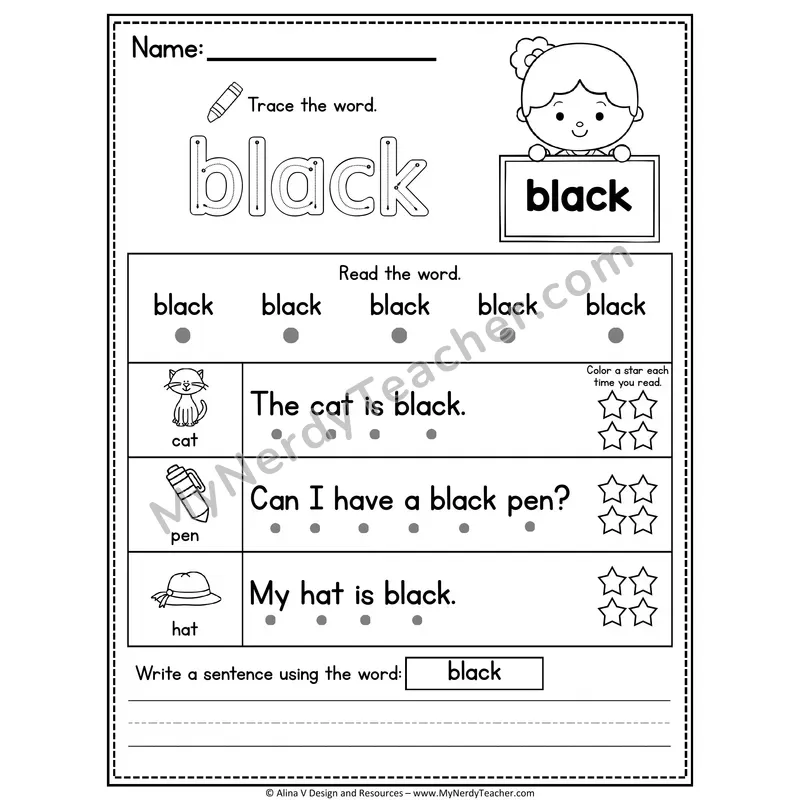 Kindergarten Sight Word Worksheet — Black (Trace, Read & Write)