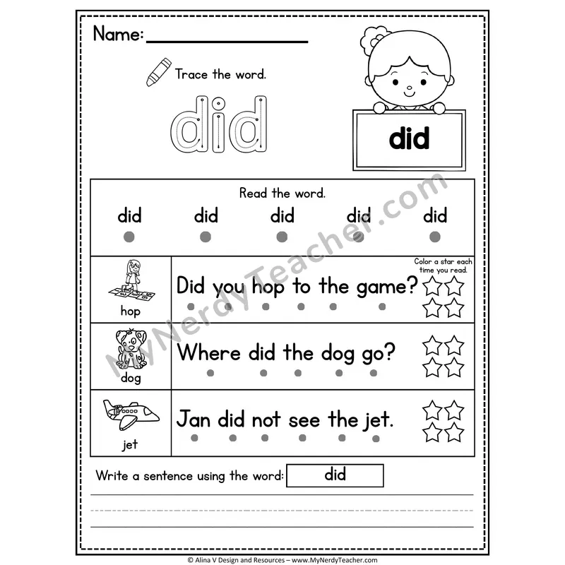 Kindergarten Sight Word Worksheet — Did (Trace, Read & Write)