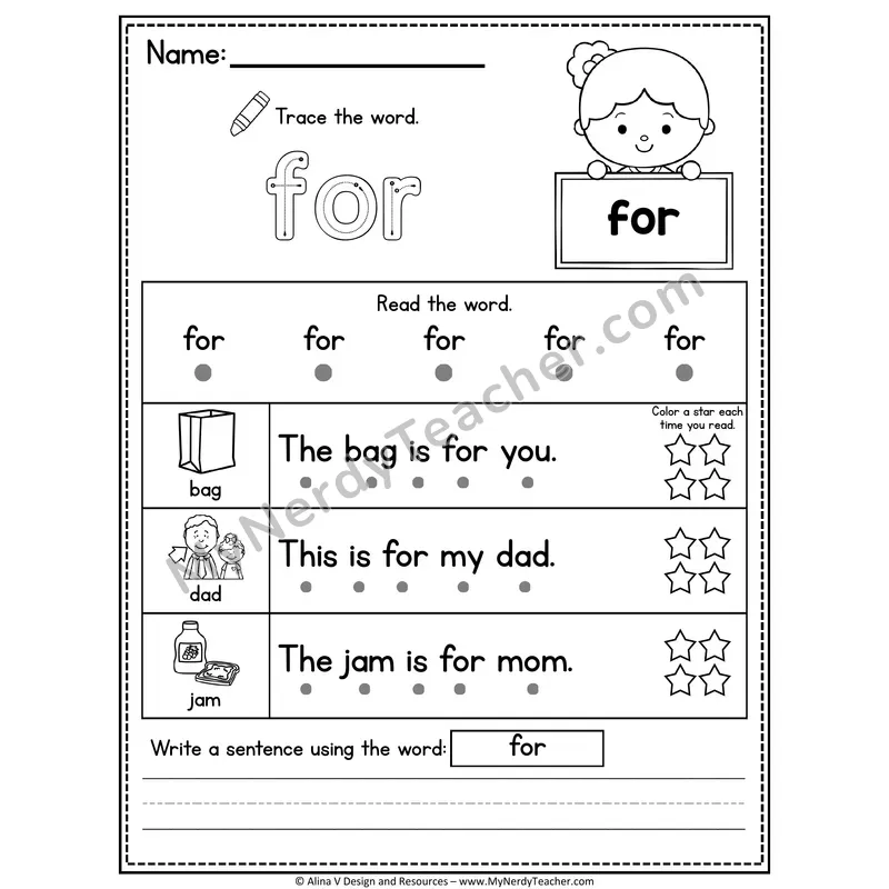 Kindergarten Sight Word Worksheet — For (Trace, Read & Write)