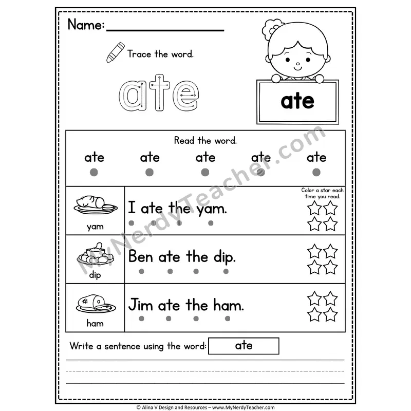 Kindergarten Sight Word Worksheet — Ate (Trace, Read & Write)