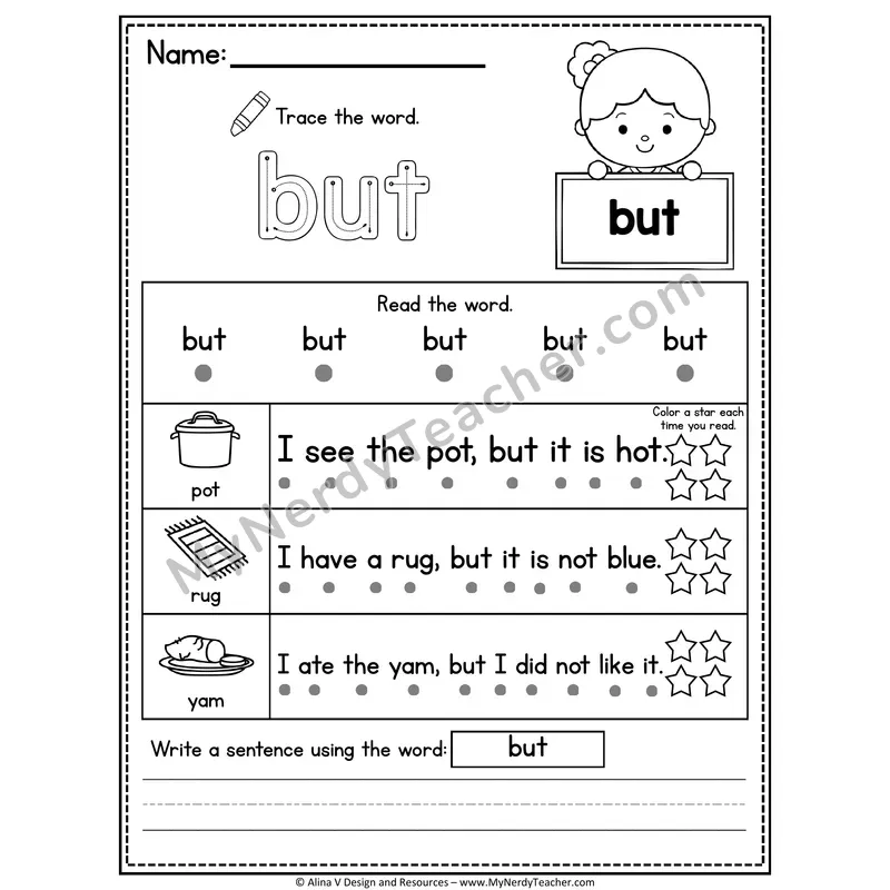 Kindergarten Sight Word Worksheet — But (Trace, Read & Write)