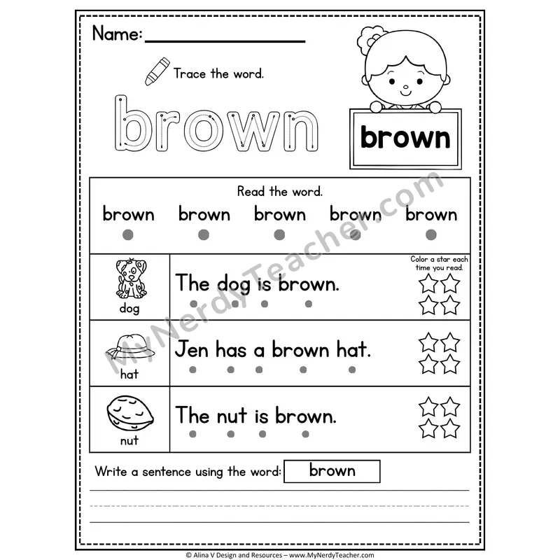 Kindergarten Sight Word Worksheet — Brown (Trace, Read & Write)