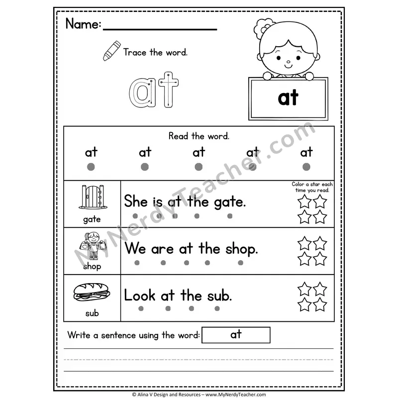 Kindergarten Sight Word Worksheet — At (Trace, Read & Write)