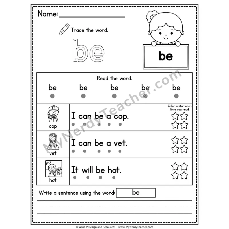 Kindergarten Sight Word Worksheet — Be (Trace, Read & Write)