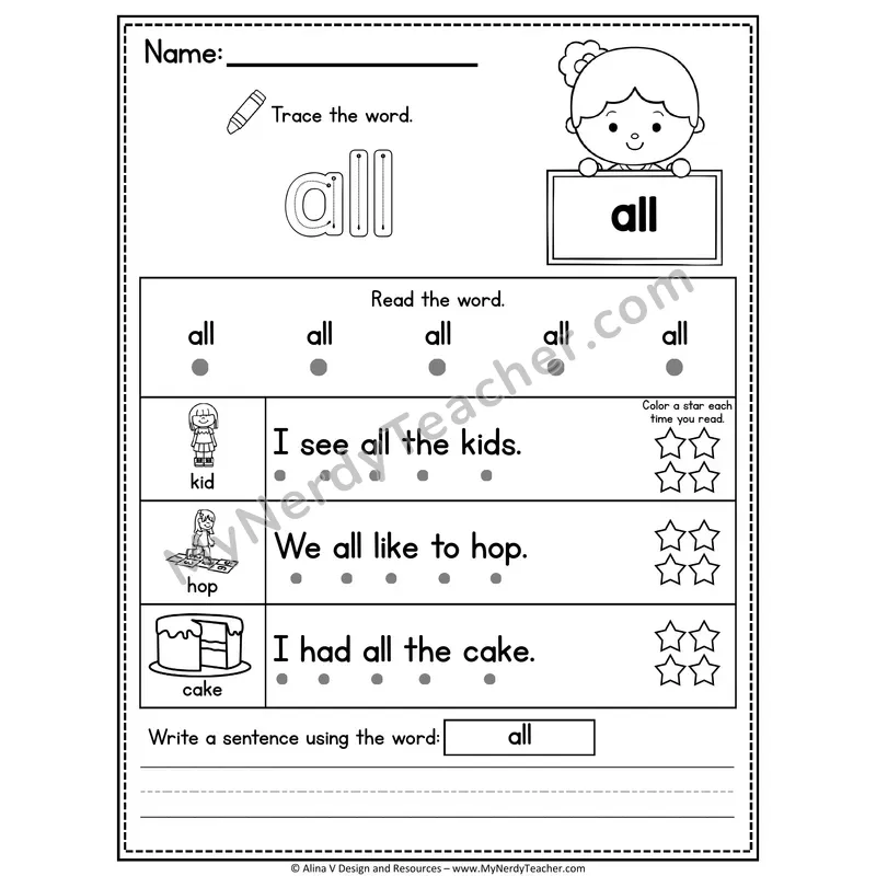 Kindergarten Sight Word Worksheet — All (Trace, Read & Write)