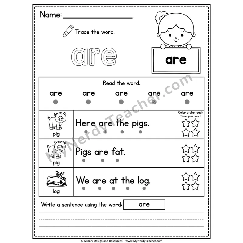 Kindergarten Sight Word Worksheet — Are (Trace, Read & Write)