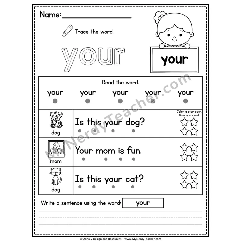 Fry Sight Word Worksheet — Your (Trace, Read & Write)