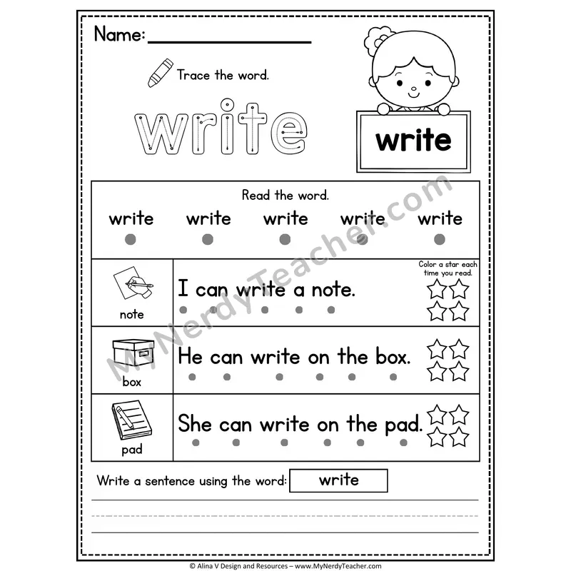 Fry Sight Word Worksheet — Write (Trace, Read & Write)