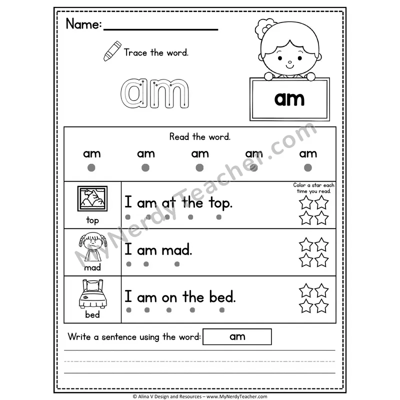 Kindergarten Sight Word Worksheet — Am (Trace, Read & Write)