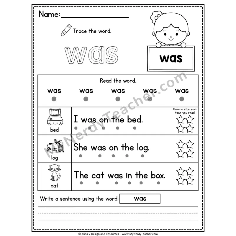 Fry Sight Word Worksheet — Was (Trace, Read & Write)