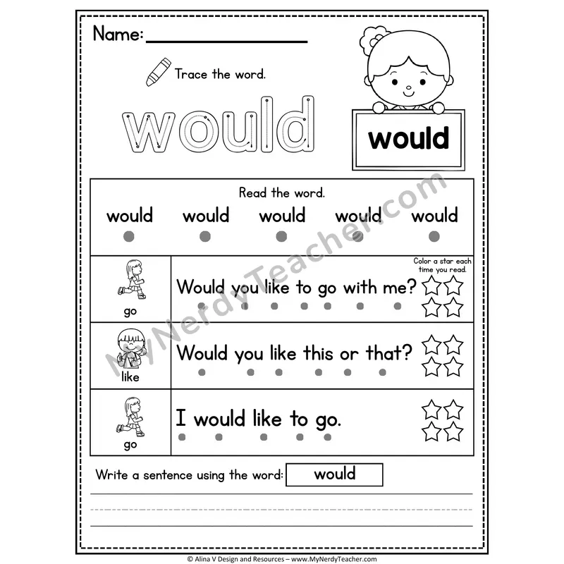 Fry Sight Word Worksheet — Would (Trace, Read & Write)