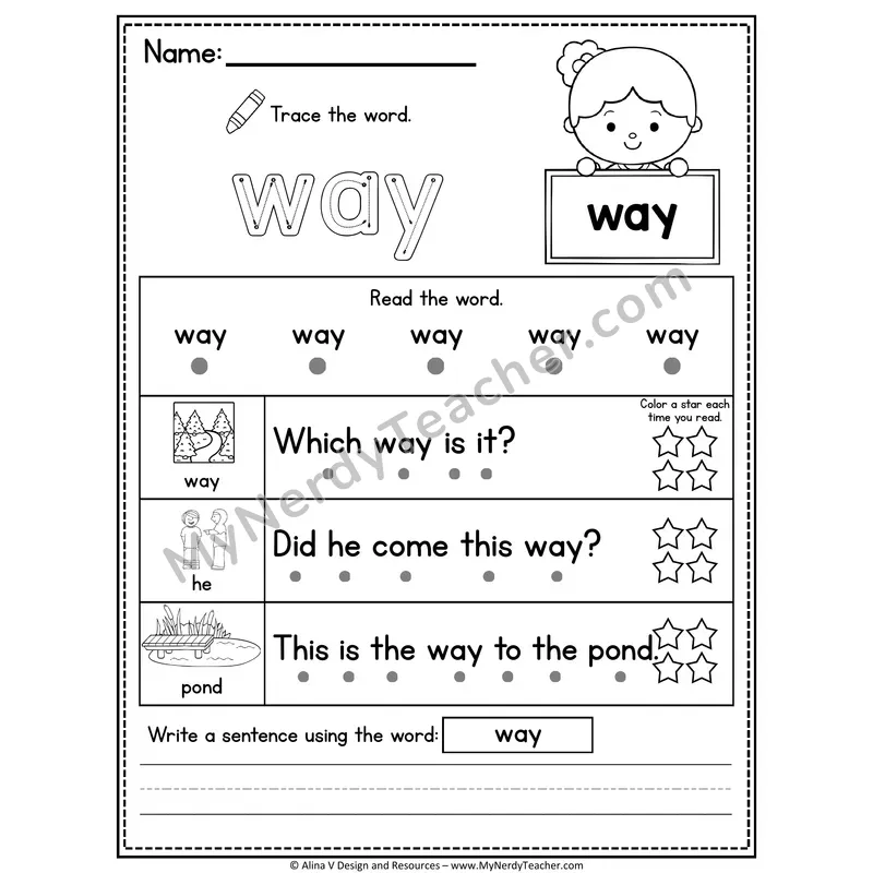 Fry Sight Word Worksheet — Way (Trace, Read & Write)