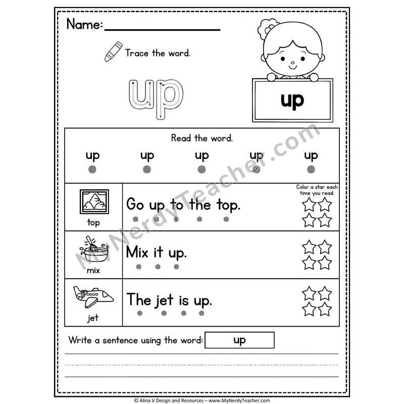 Fry Sight Word Worksheet — Up (Trace, Read & Write)