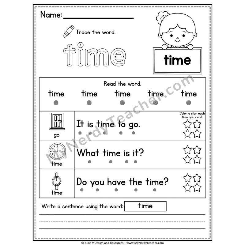 Fry Sight Word Worksheet — Time (Trace, Read & Write)