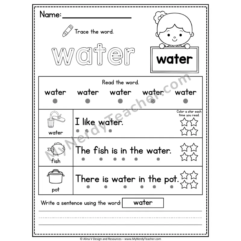 Fry Sight Word Worksheet — Water (Trace, Read & Write)