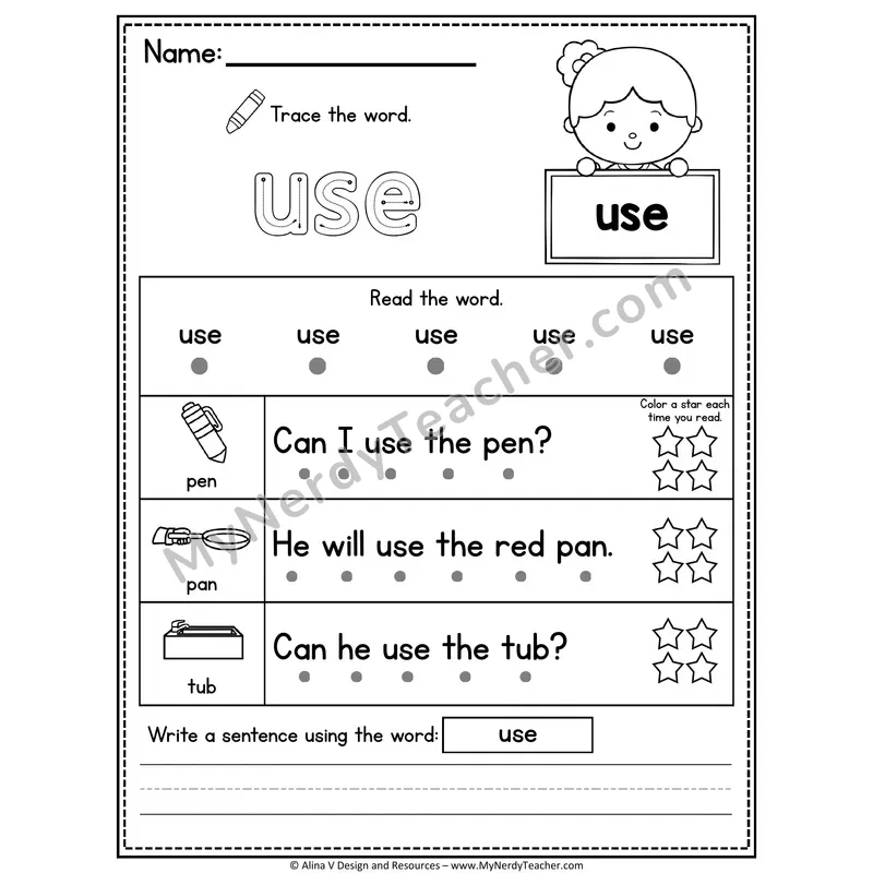 Fry Sight Word Worksheet — Use (Trace, Read & Write)