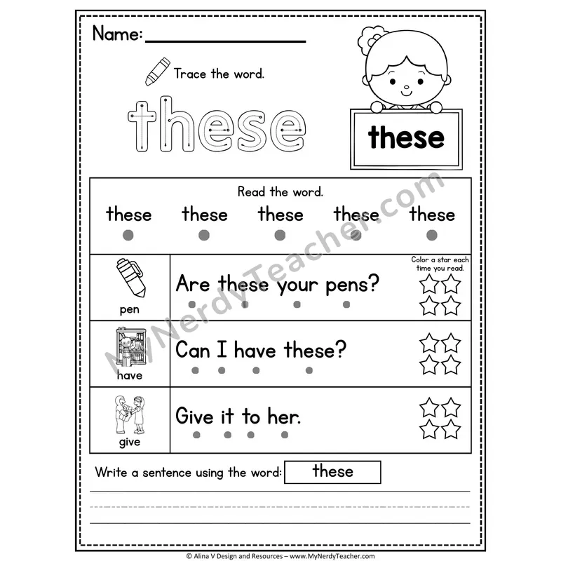 Fry Sight Word Worksheet — These (Trace, Read & Write)