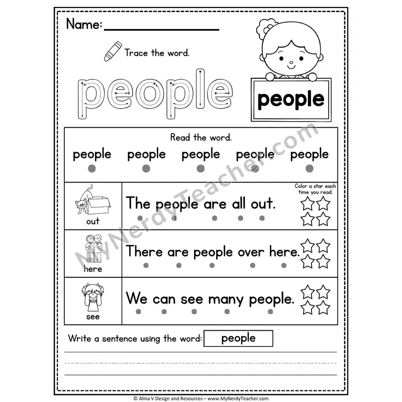 Fry Sight Word Worksheet — People (Trace, Read & Write)