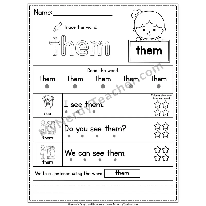 Fry Sight Word Worksheet — Them (Trace, Read & Write)