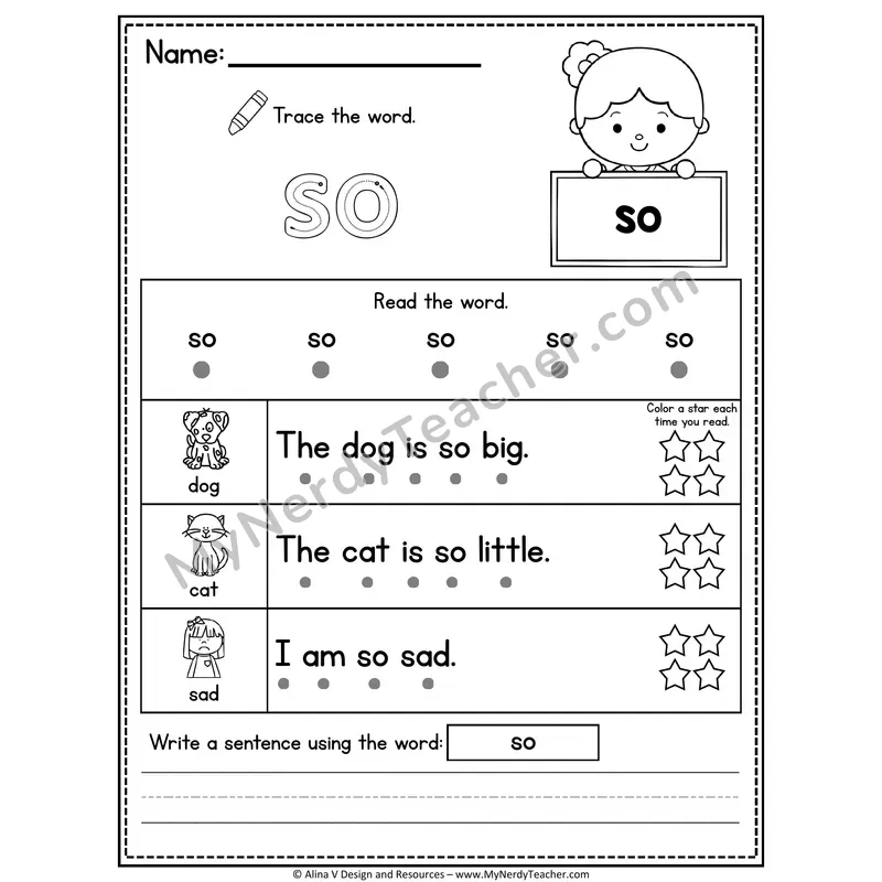 Fry Sight Word Worksheet — So (Trace, Read & Write)