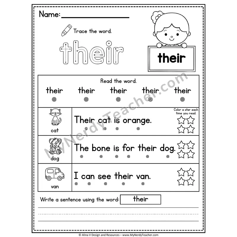 Fry Sight Word Worksheet — Their (Trace, Read & Write)