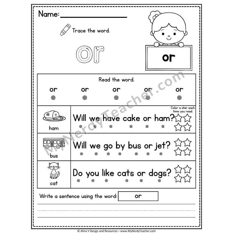 Fry Sight Word Worksheet — Or (Trace, Read & Write)