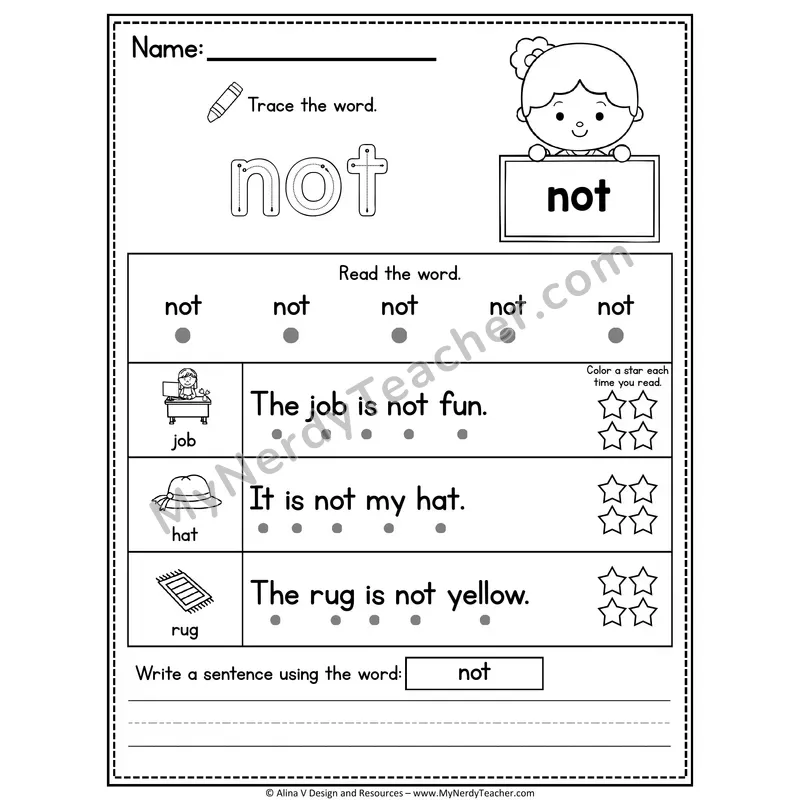Fry Sight Word Worksheet — Not (Trace, Read & Write)