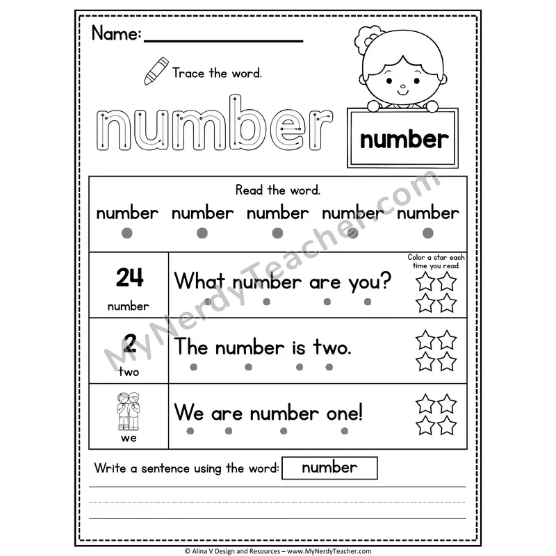 Fry Sight Word Worksheet — Number (Trace, Read & Write)