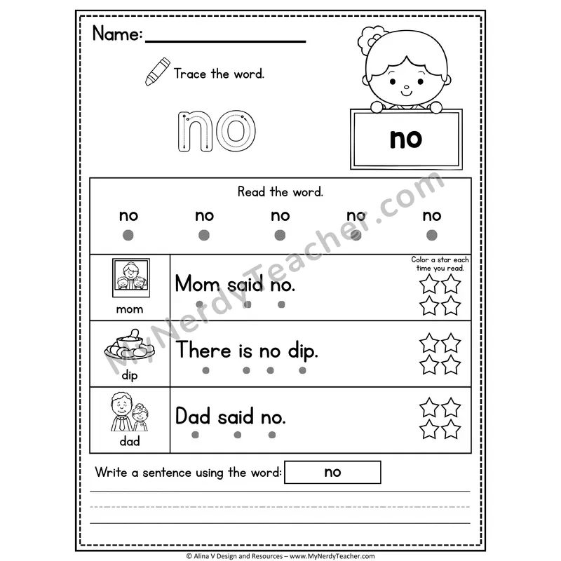 Fry Sight Word Worksheet — No (Trace, Read & Write)