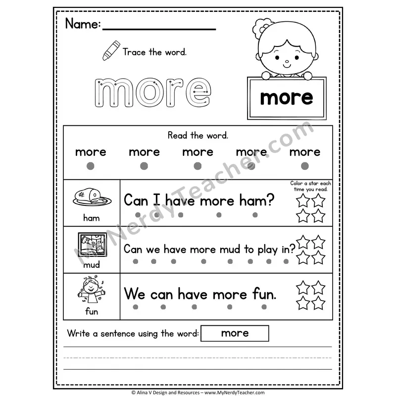 Fry Sight Word Worksheet — More (Trace, Read & Write)