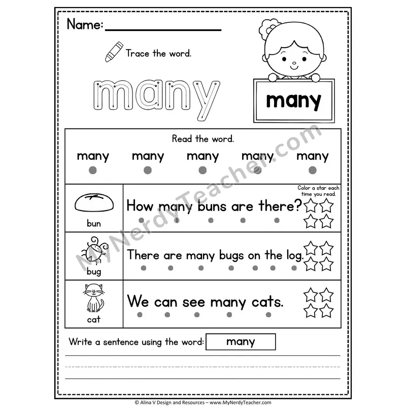 Fry Sight Word Worksheet — Many (Trace, Read & Write)