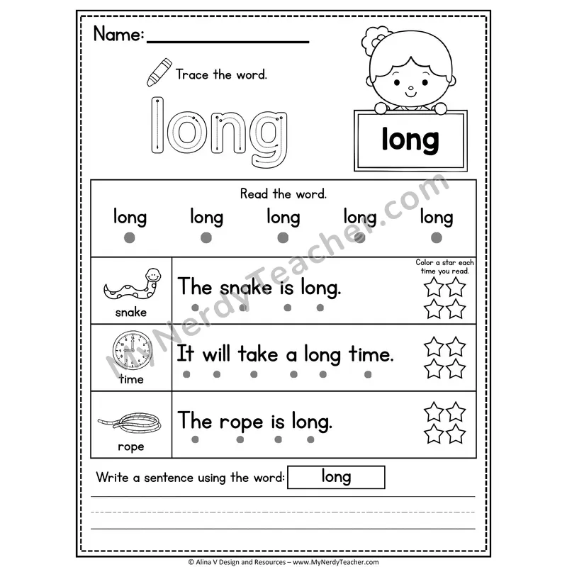 Fry Sight Word Worksheet — Long (Trace, Read & Write)
