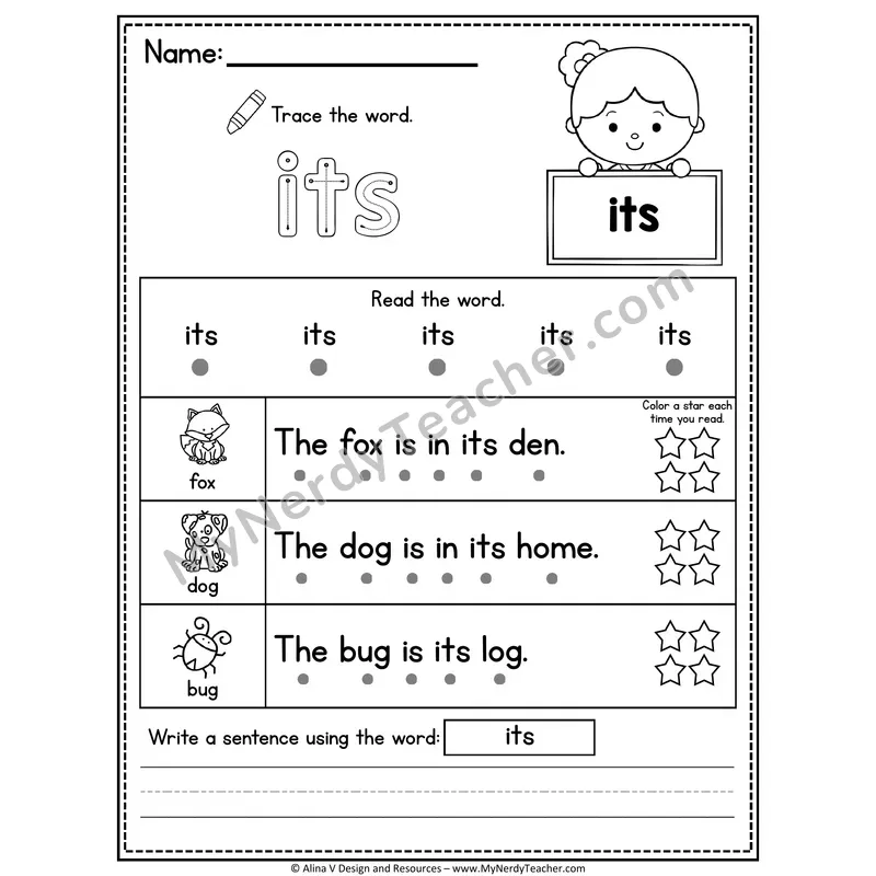 Fry Sight Word Worksheet — Its (Trace, Read & Write)
