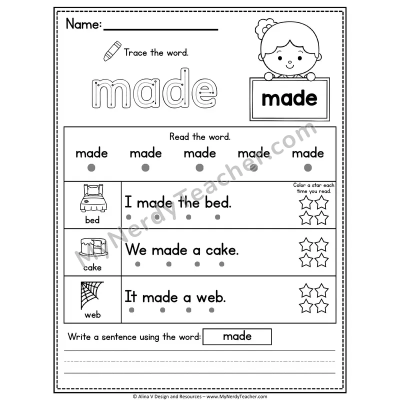 Fry Sight Word Worksheet — Made (Trace, Read & Write)