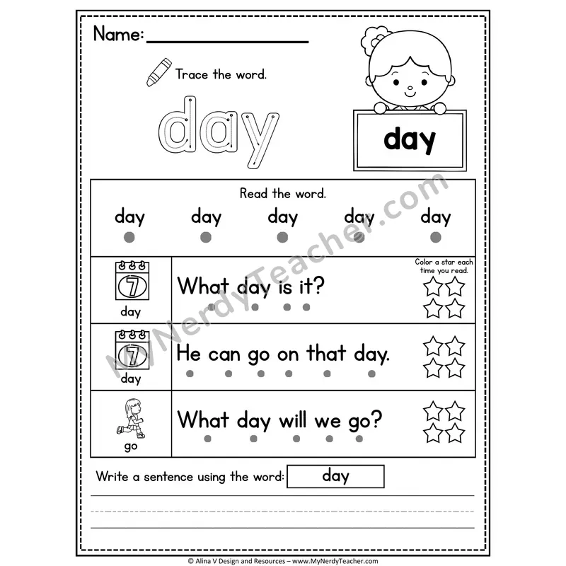Fry Sight Word Worksheet — Day (Trace, Read & Write)