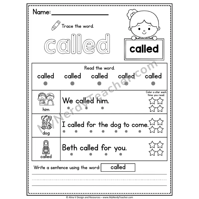 Fry Sight Word Worksheet — Called (Trace, Read & Write)