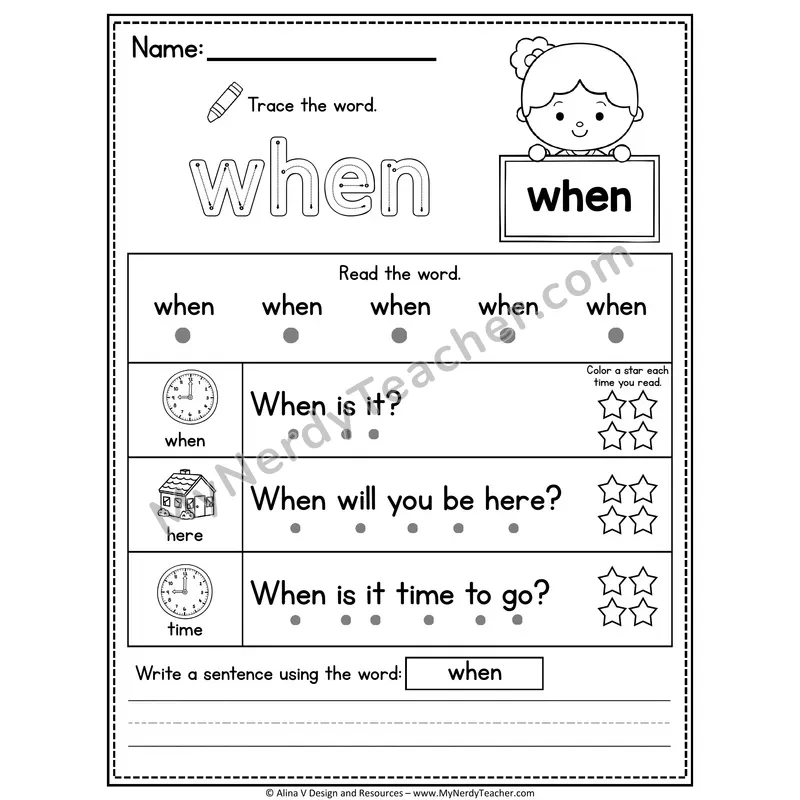 1st Grade Sight Word Worksheet — When (Trace, Read & Write)