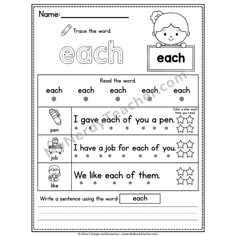 Fry Sight Word Worksheet — Each (Trace, Read & Write)