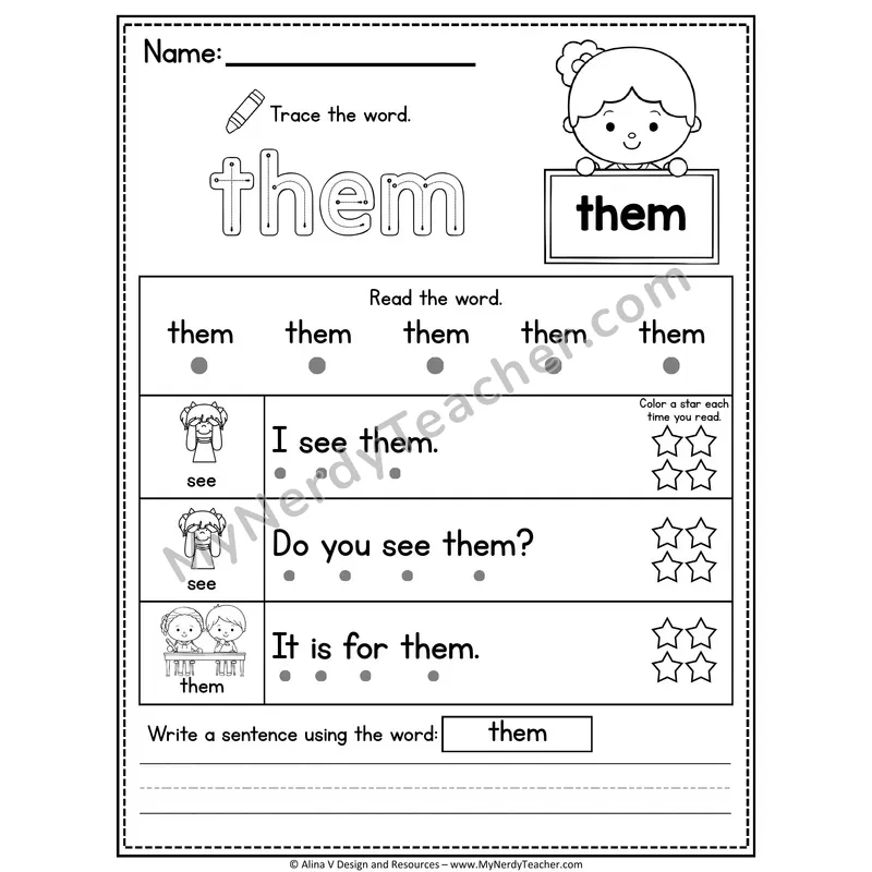 1st Grade Sight Word Worksheet — Them (Trace, Read & Write)