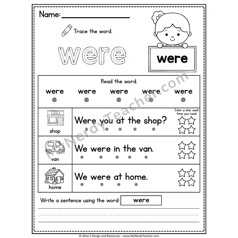 1st Grade Sight Word Worksheet — Were (Trace, Read & Write)
