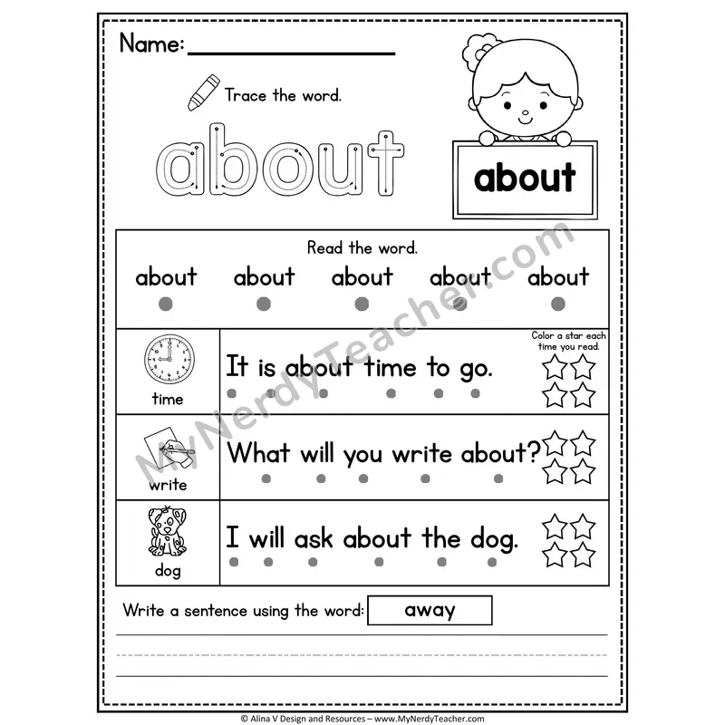 Fry Sight Word Worksheet — About (Trace, Read & Write)