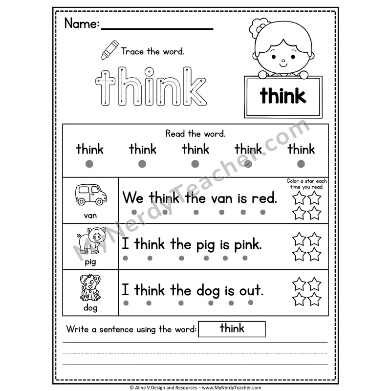 1st Grade Sight Word Worksheet — Think (Trace, Read & Write)
