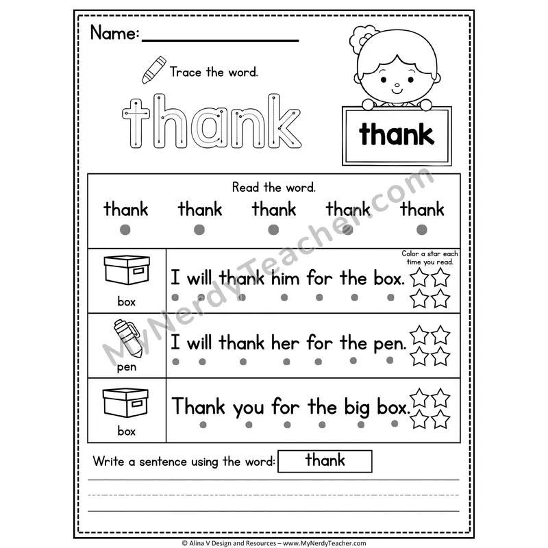 1st Grade Sight Word Worksheet — Thank (Trace, Read & Write)