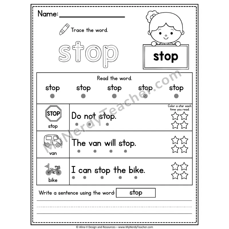 1st Grade Sight Word Worksheet — Stop (Trace, Read & Write)