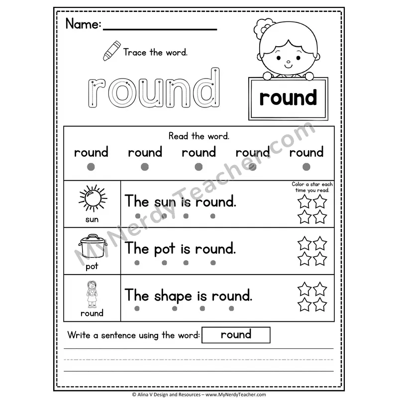 1st Grade Sight Word Worksheet — Round (Trace, Read & Write)