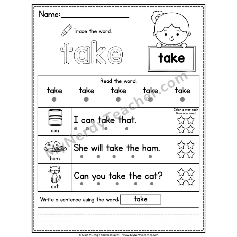 1st Grade Sight Word Worksheet — Take (Trace, Read & Write)