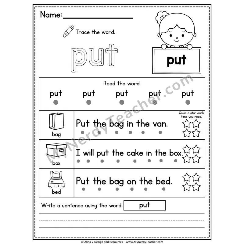 1st Grade Sight Word Worksheet — Put (Trace, Read & Write)