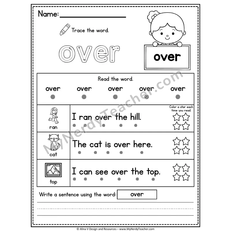 1st Grade Sight Word Worksheet — Over (Trace, Read & Write)