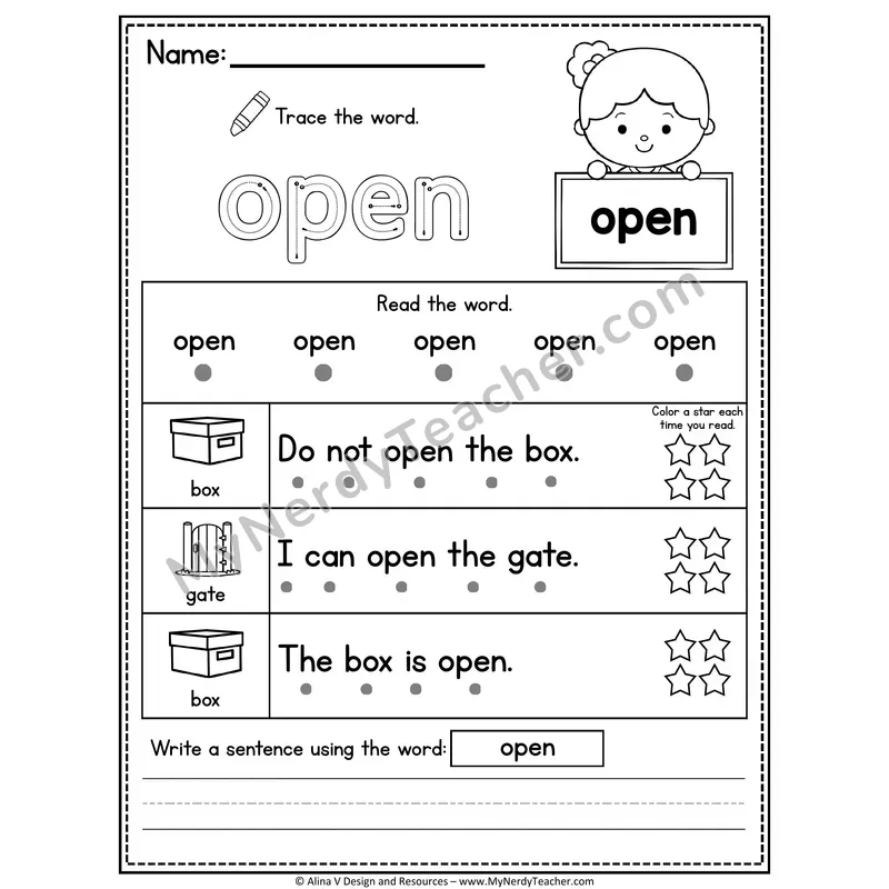 1st Grade Sight Word Worksheet — Open (Trace, Read & Write)