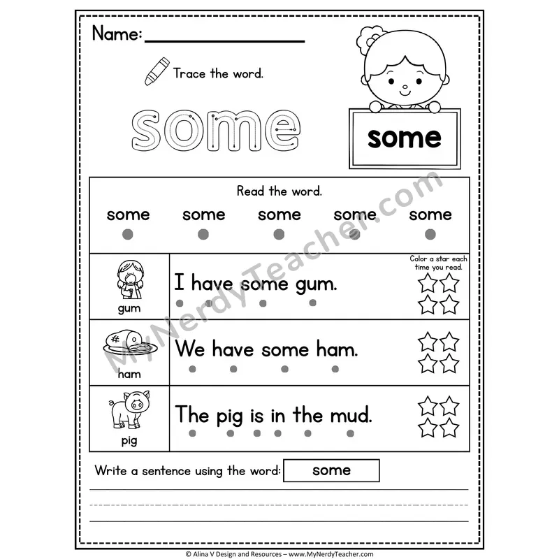 1st Grade Sight Word Worksheet — Some (Trace, Read & Write)